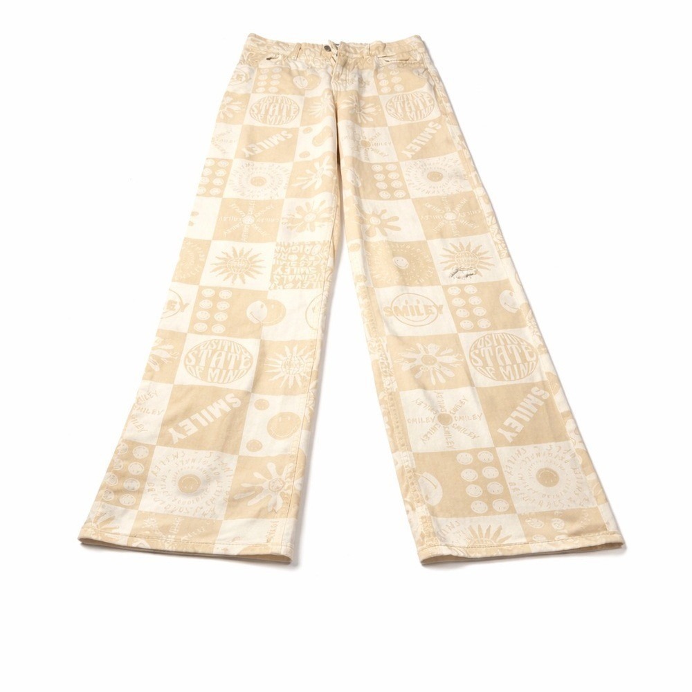 H&M Smiley Patchwork Pants Cream Wide Leg Graphic Print
